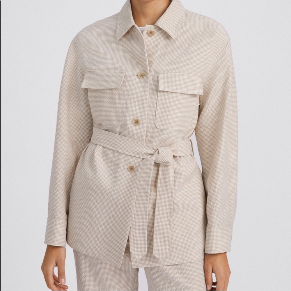 Belted Beige Textured Shirt Jacket - Women